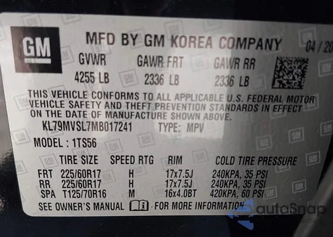 2021 Chevrolet Trailblazer Fwd Activ из США, поврежденный, VIN KL79MVSL7MB017241